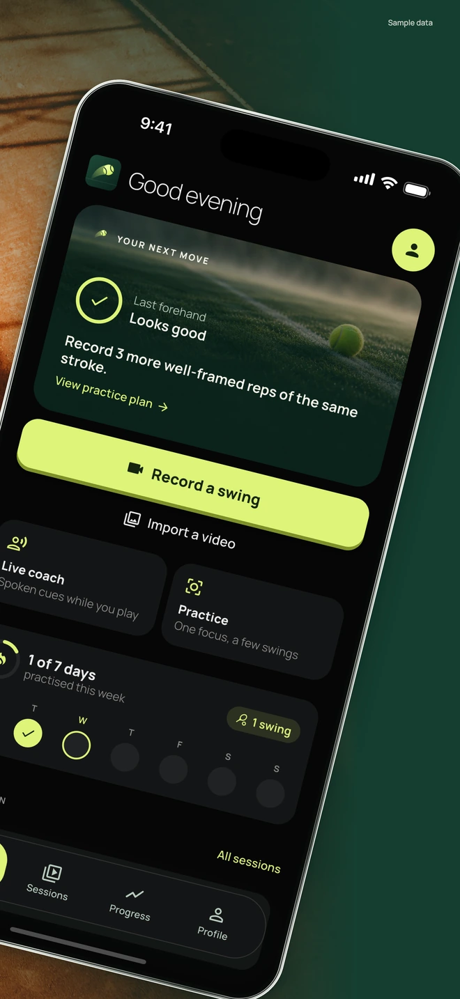 The rest of the opening panorama, with a phone showing the actual black StrokeLab home screen, a short practice cue, and record or import actions.