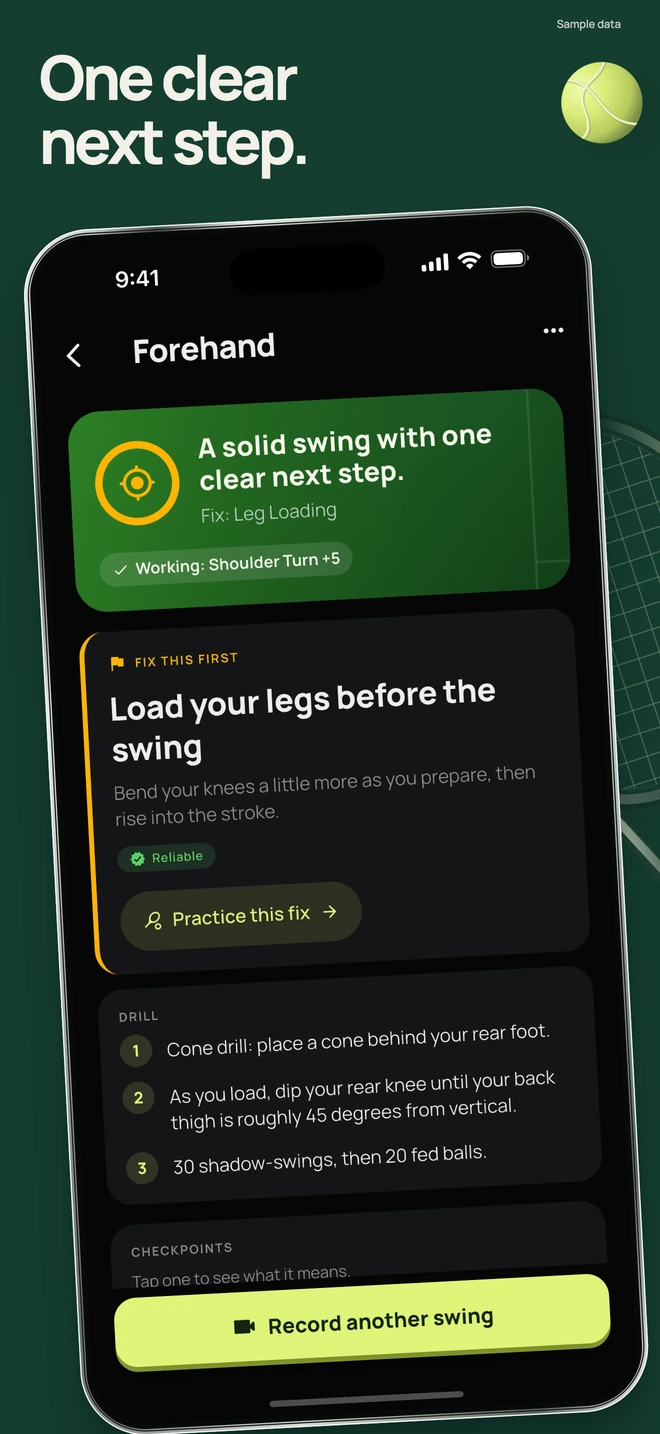 StrokeLab feedback on a phone: a sample leg-loading priority, three drill steps and practice actions, with a tennis racket and ball outside the screen.