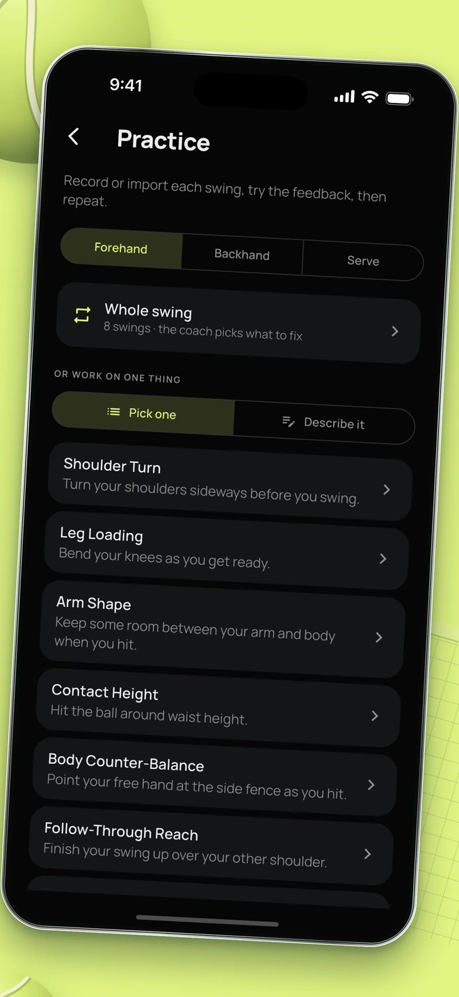 A large phone showing StrokeLab practice goals, surrounded by tennis-ball and net illustrations.