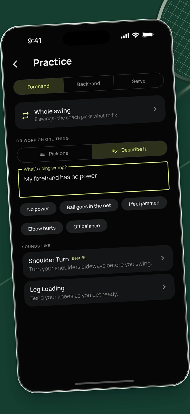 StrokeLab matches the typed concern My forehand has no power to Shoulder Turn and Leg Loading, beside an illustrated tennis racket.