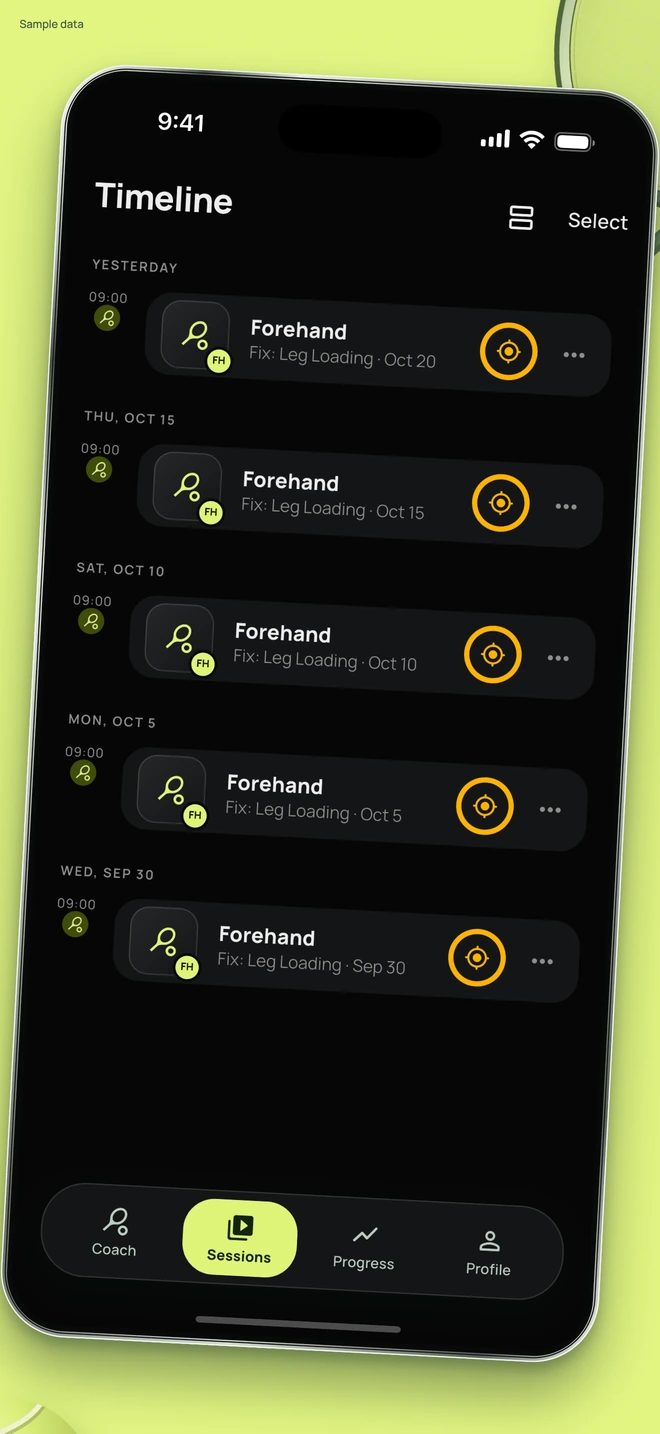 A large phone showing five saved sample forehand reviews in the StrokeLab Timeline, with tennis equipment in the background.